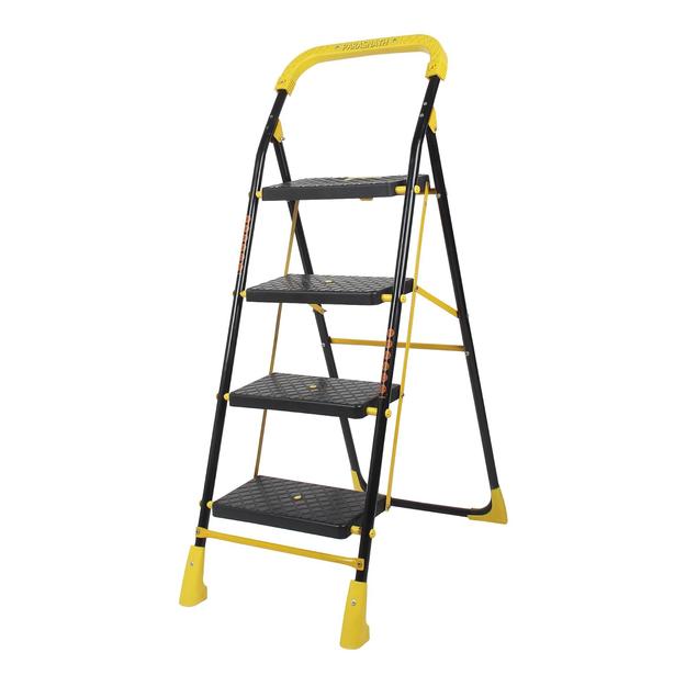 Parasnath 4 Step Yellow Diamond Mild Steel Foldable Ladder for Home - Wide Anti Skid Plastic Step Ladder for Extra Gripping 4.2 FT Ladder - Made in India