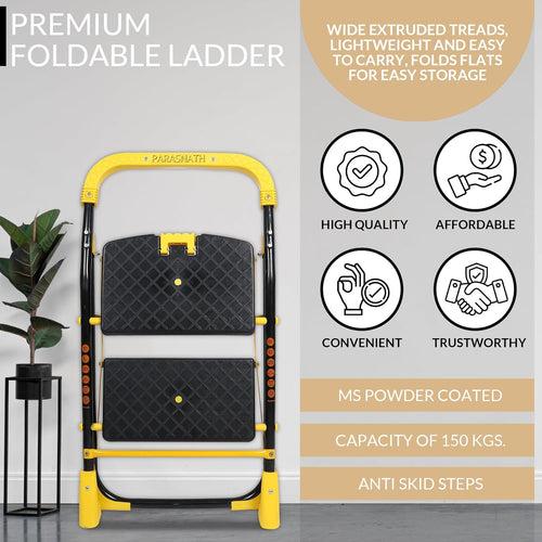 Parasnath 2 Step Yellow Diamond Mild Steel Foldable Ladder for Home - Wide Anti Skid Plastic Step Ladder for Extra Gripping 2.3 FT Ladder - Made in India