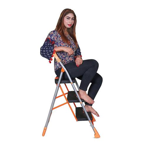 Parasnath 3 Step Orange Diamond Folding Ladder with Wide Steps 3 Steps 3.1 FT Ladder - Made in India