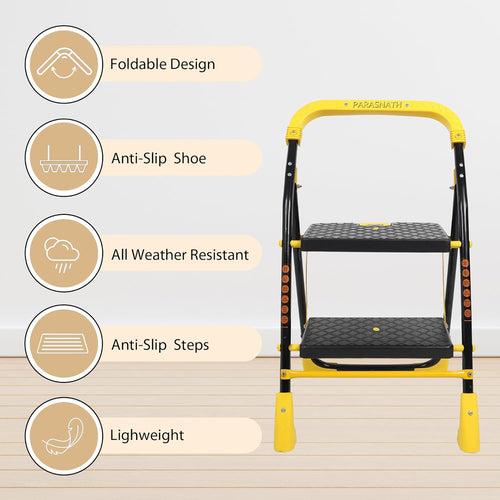 Parasnath 2 Step Yellow Diamond Mild Steel Foldable Ladder for Home - Wide Anti Skid Plastic Step Ladder for Extra Gripping 2.3 FT Ladder - Made in India