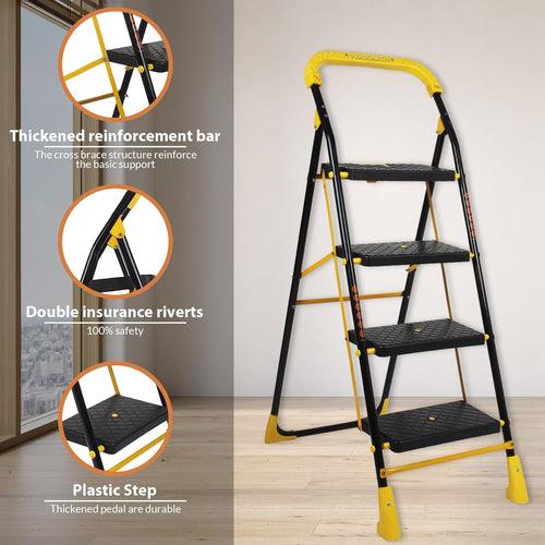 Parasnath 4 Step Yellow Diamond Mild Steel Foldable Ladder for Home - Wide Anti Skid Plastic Step Ladder for Extra Gripping 4.2 FT Ladder - Made in India