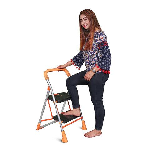 Parasnath Orange Diamond Folding Alloy Steel Ladder with Wide Steps 2 Steps 2.7 FT Ladder (Made in India)