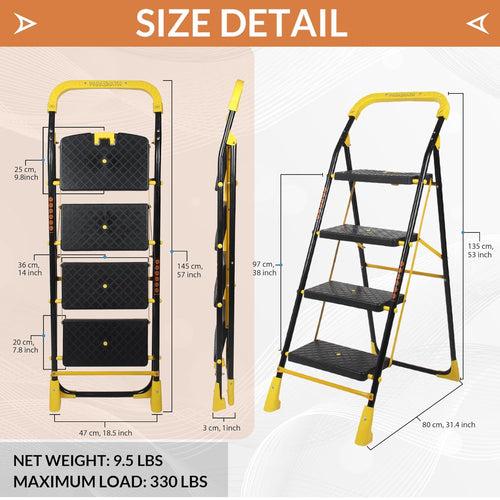 Parasnath 4 Step Yellow Diamond Mild Steel Foldable Ladder for Home - Wide Anti Skid Plastic Step Ladder for Extra Gripping 4.2 FT Ladder - Made in India