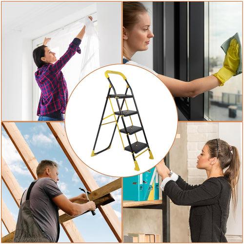 Parasnath 4 Step Yellow Diamond Mild Steel Foldable Ladder for Home - Wide Anti Skid Plastic Step Ladder for Extra Gripping 4.2 FT Ladder - Made in India