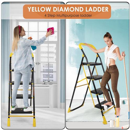 Parasnath 4 Step Yellow Diamond Mild Steel Foldable Ladder for Home - Wide Anti Skid Plastic Step Ladder for Extra Gripping 4.2 FT Ladder - Made in India