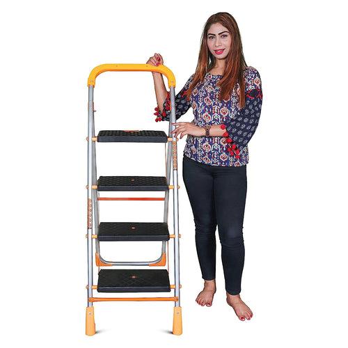 Parasnath 4 Step Orange Diamond Folding Ladder with Wide Steps 4 Steps 4.2 FT Ladder - Made in India