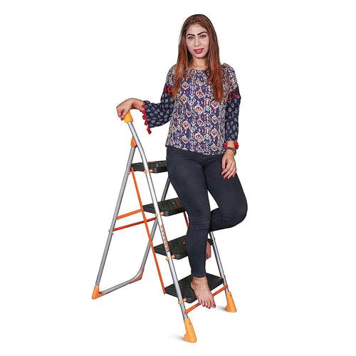 Parasnath 4 Step Orange Diamond Folding Ladder with Wide Steps 4 Steps 4.2 FT Ladder - Made in India