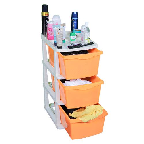 PARASNATH Boxo 3 Layer (Orange) Multi-Purpose Modular Drawer Storage System for Home and Office with Trolley Wheels and Anti-Slip Shoes