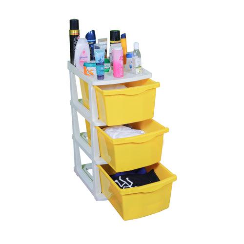 PARASNATH Boxo 3 Layer (Yellow) Multi-Purpose Modular Drawer Storage System for Home and Office with Trolley Wheels and Anti-Slip Shoes