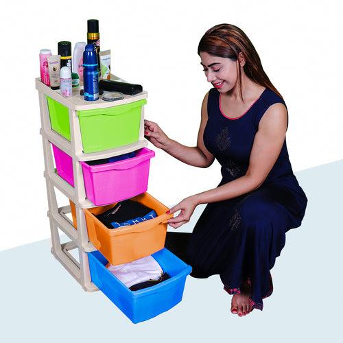 PARASNATH Boxo 4 Layer (Multicolour) Multi-Purpose Modular Drawer Storage System for Home and Office with Trolley Wheels and Anti-Slip Shoes