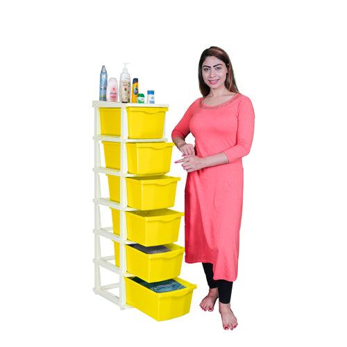 PARASNATH Boxo 6 Layer (Yellow) Multi-Purpose Modular Drawer Storage System for Home and Office with Trolley Wheels and Anti-Slip Shoes