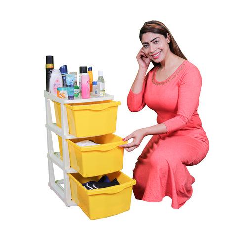 PARASNATH Boxo 3 Layer (Yellow) Multi-Purpose Modular Drawer Storage System for Home and Office with Trolley Wheels and Anti-Slip Shoes