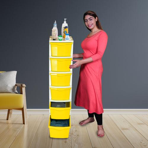 PARASNATH Boxo 6 Layer (Yellow) Multi-Purpose Modular Drawer Storage System for Home and Office with Trolley Wheels and Anti-Slip Shoes