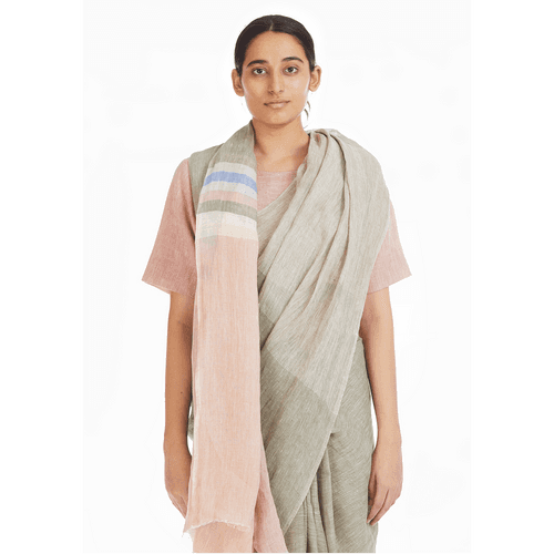 Akaaro: Olive-Pink Linen Saree