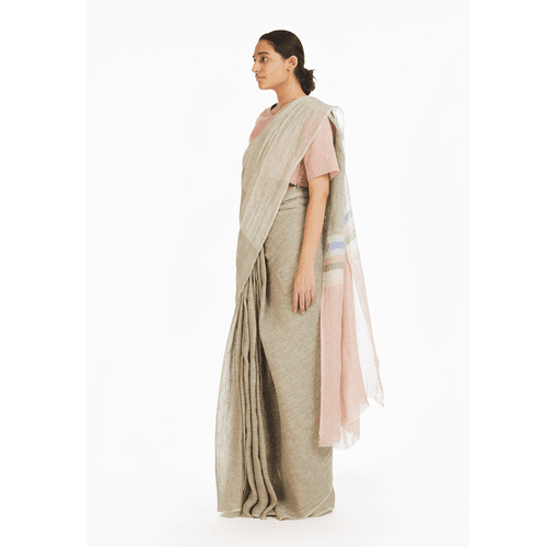 Akaaro: Olive-Pink Linen Saree