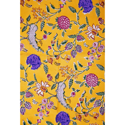 Floral Chintz Lattice (Yellow): Hand-block Printed Fabric (Sanganeri)