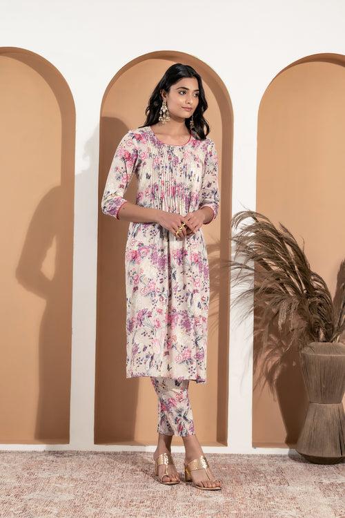 Anisha Beige Suit Set with pintucks in front