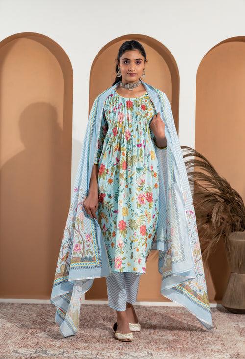 Kriti Turquoise Green Suit Set with pintucks in front