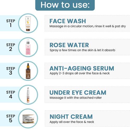 Night Skincare Hamper (Under Eye cream, Anti-agenig face serum, Vitamin-C Exfloating face wash, Rose water, Papaya & Peptide night cream + Get a FREE gift box)