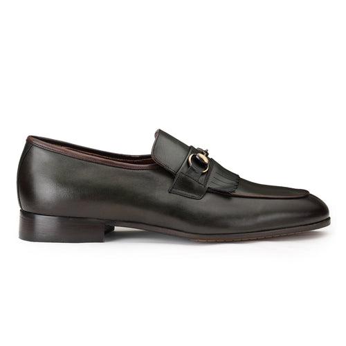 JOE SHU Men's Leather Slip-on Shoe with Fringe and Buckle