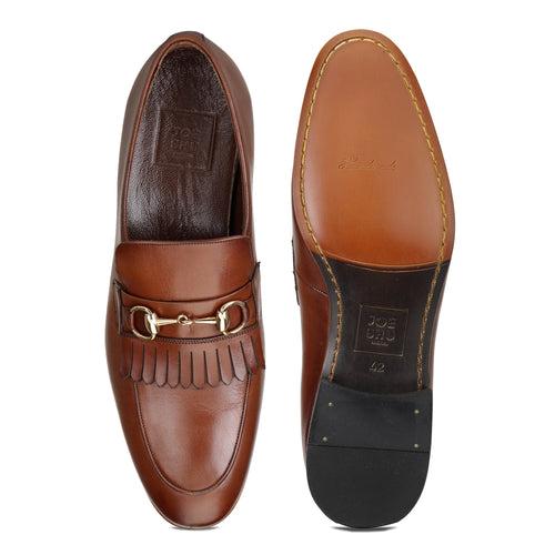 JOE SHU Men's Leather Slip-on Shoe with Fringe and Buckle