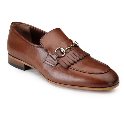 JOE SHU Men's Leather Slip-on Shoe with Fringe and Buckle