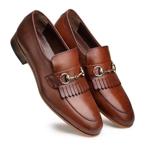 JOE SHU Men's Leather Slip-on Shoe with Fringe and Buckle