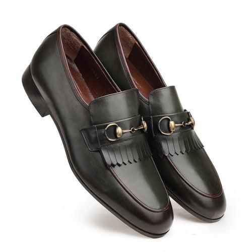 JOE SHU Men's Leather Slip-on Shoe with Fringe and Buckle