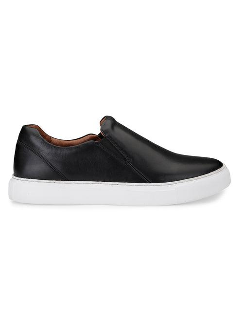 JOE SHU Men's Black Genuine Leather Slip-on Sneaker with Rubber Sole