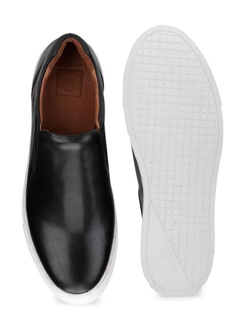 JOE SHU Men's Black Genuine Leather Slip-on Sneaker with Rubber Sole