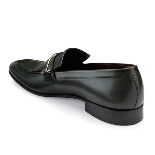 JOE SHU Men's Leather Slip-on Shoe with Fringe and Buckle