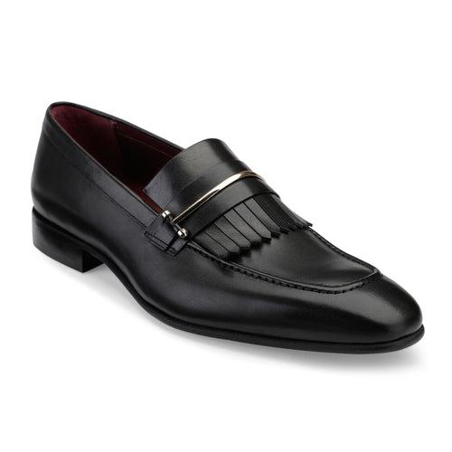 JOE SHU Men's Leather Slip-on Shoe with Fringe and Buckle