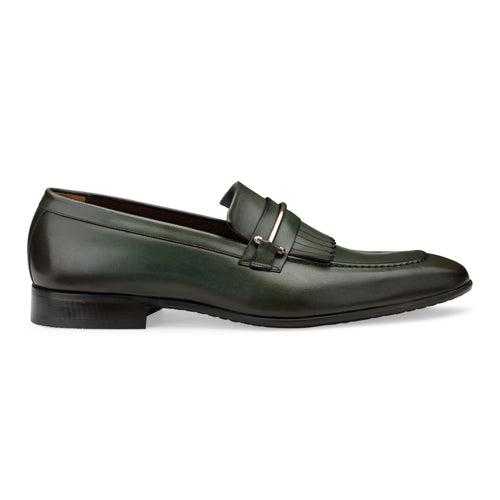 JOE SHU Men's Leather Slip-on Shoe with Fringe and Buckle