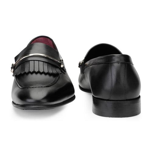 JOE SHU Men's Leather Slip-on Shoe with Fringe and Buckle