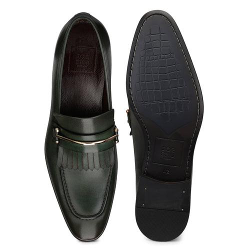 JOE SHU Men's Leather Slip-on Shoe with Fringe and Buckle