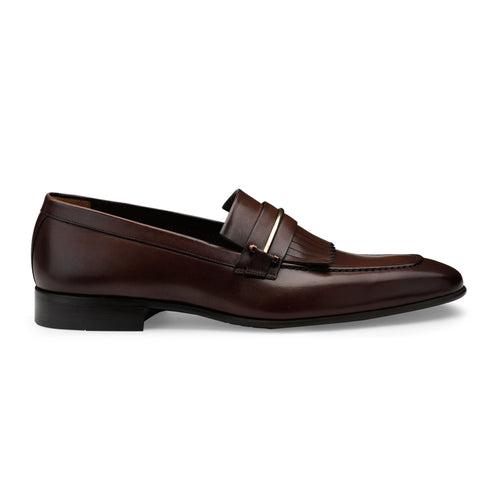 JOE SHU Men's Leather Slip-on Shoe with Fringe and Buckle