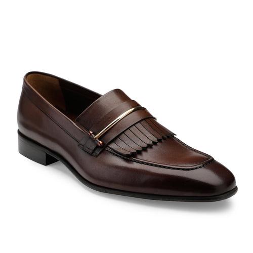 JOE SHU Men's Leather Slip-on Shoe with Fringe and Buckle