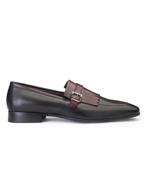 JOE SHU Men's Leather Slip-on Shoe with Fringe and Buckle