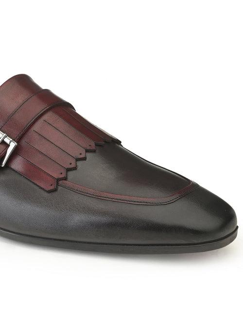 JOE SHU Men's Leather Slip-on Shoe with Fringe and Buckle