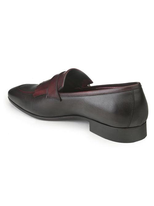 JOE SHU Men's Leather Slip-on Shoe with Fringe and Buckle