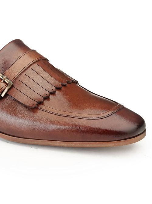 JOE SHU Men's Leather Slip-on Shoe with Fringe and Buckle