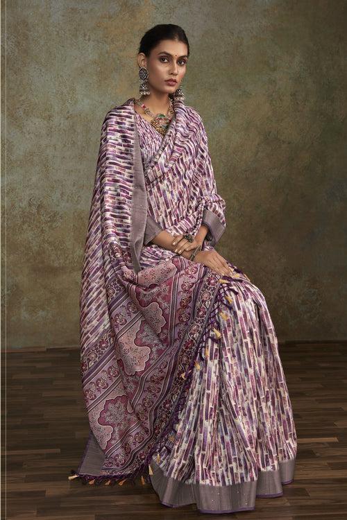 Strikemaster Purple Banarasi Digital Printed Saree