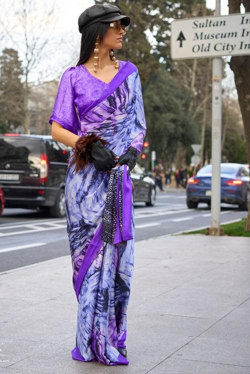 Heliotrope Purple Printed Satin Crepe Sarees