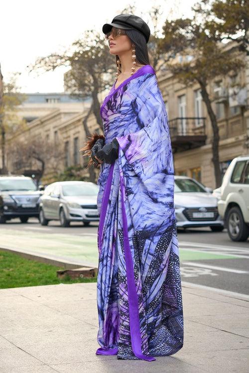 Heliotrope Purple Printed Satin Crepe Sarees