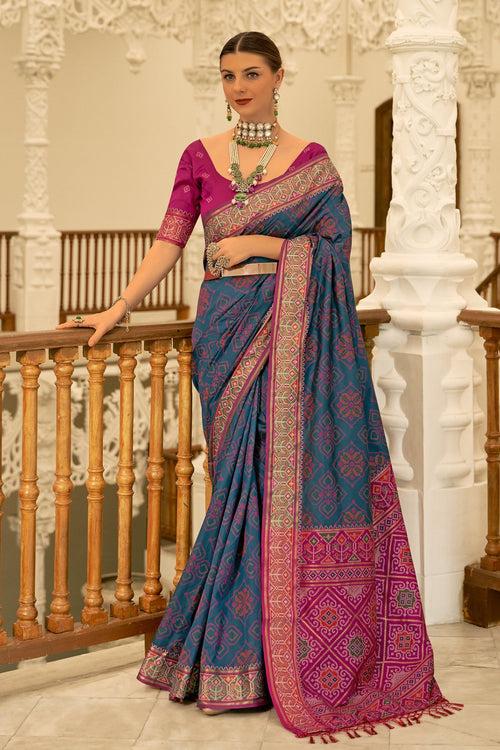 Outer Space Blue Woven Patola Silk Saree