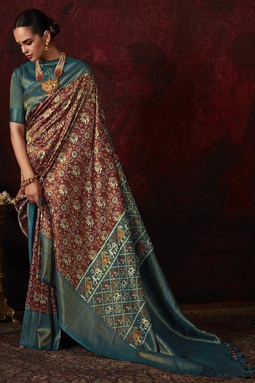 Leather Brown Banarasi Digital Printed Saree