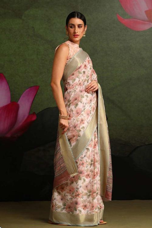 Tacao Peach and Cream Floral Printed Saree