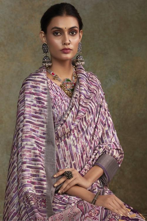 Strikemaster Purple Banarasi Digital Printed Saree