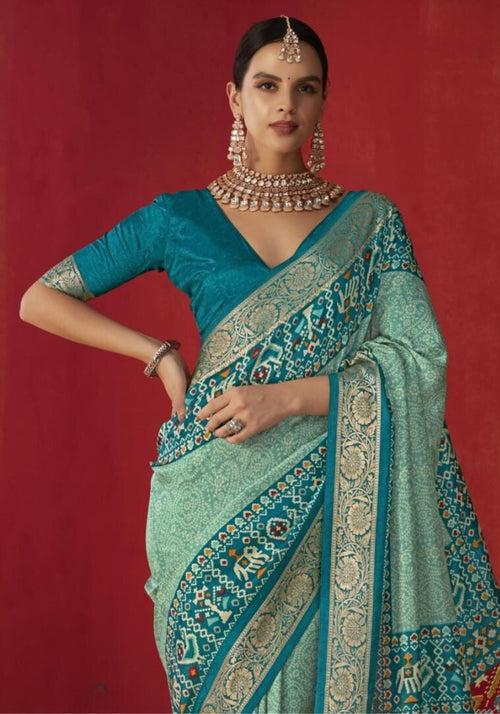 Cutty Sark Blue Green Printed Tussar Silk Saree