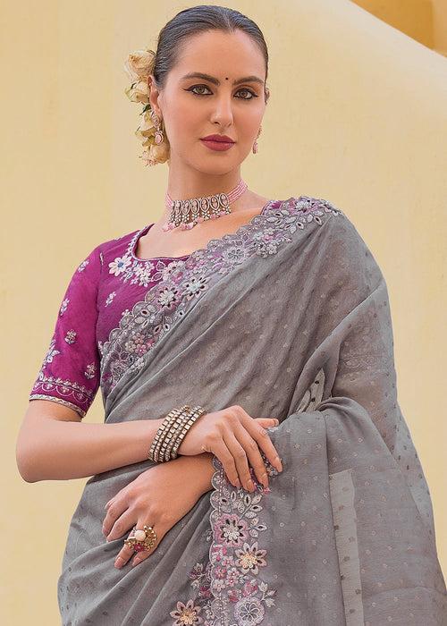 Hurricane Grey Tissue Organza Embroidered Silk Saree